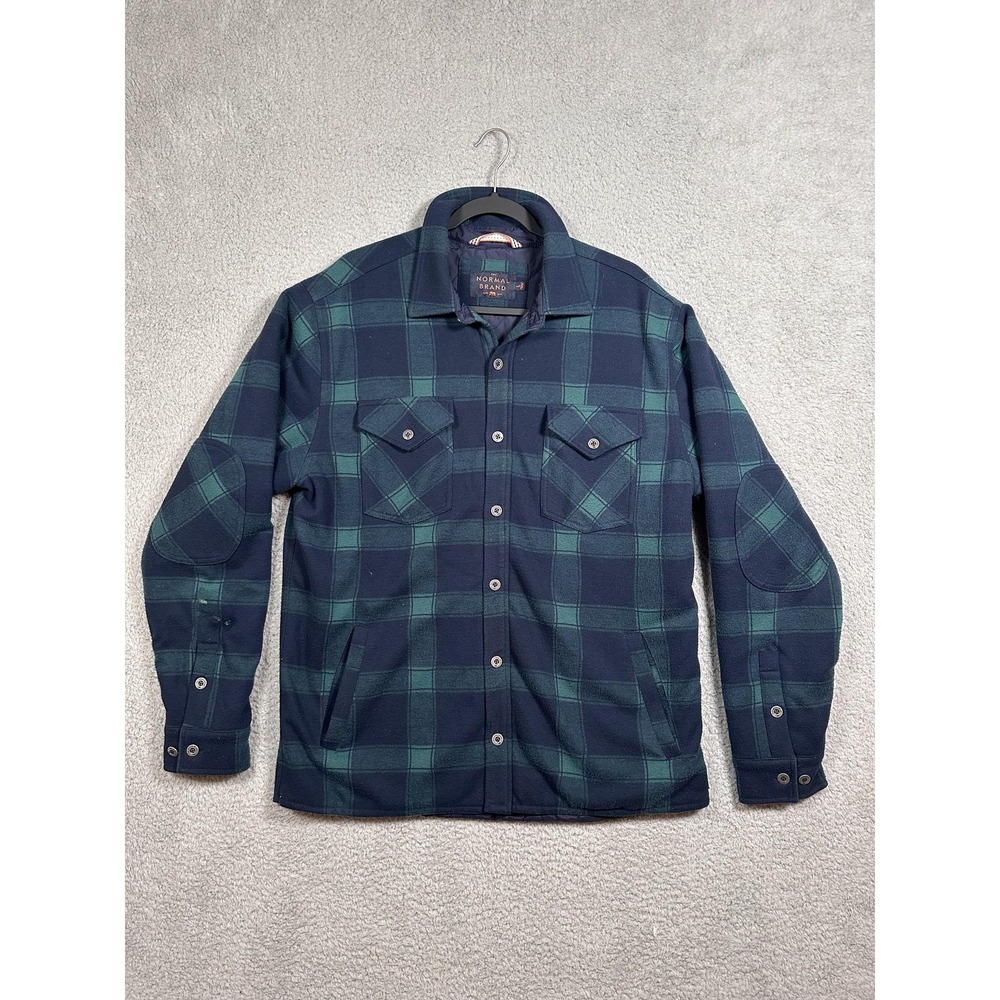The Normal Brand Jacket Men L Navy Green Plaid Quilted Lined Shacket Elbow Patch